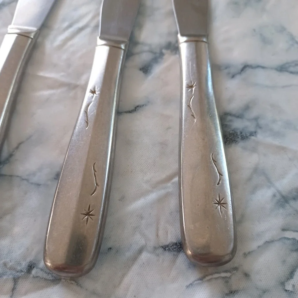 Vintage Atomic Starburst Dinner‎ Knives Set 4 Mid Century Stainless Steel Retro